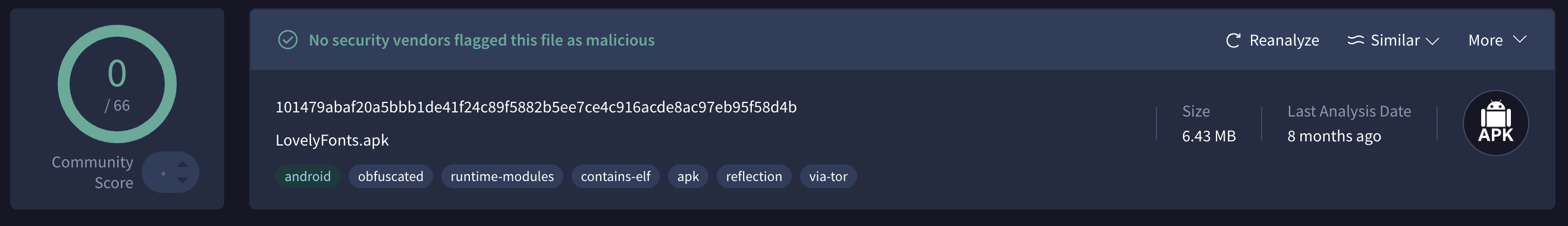 VirusTotal detection results for LovelyFonts malware