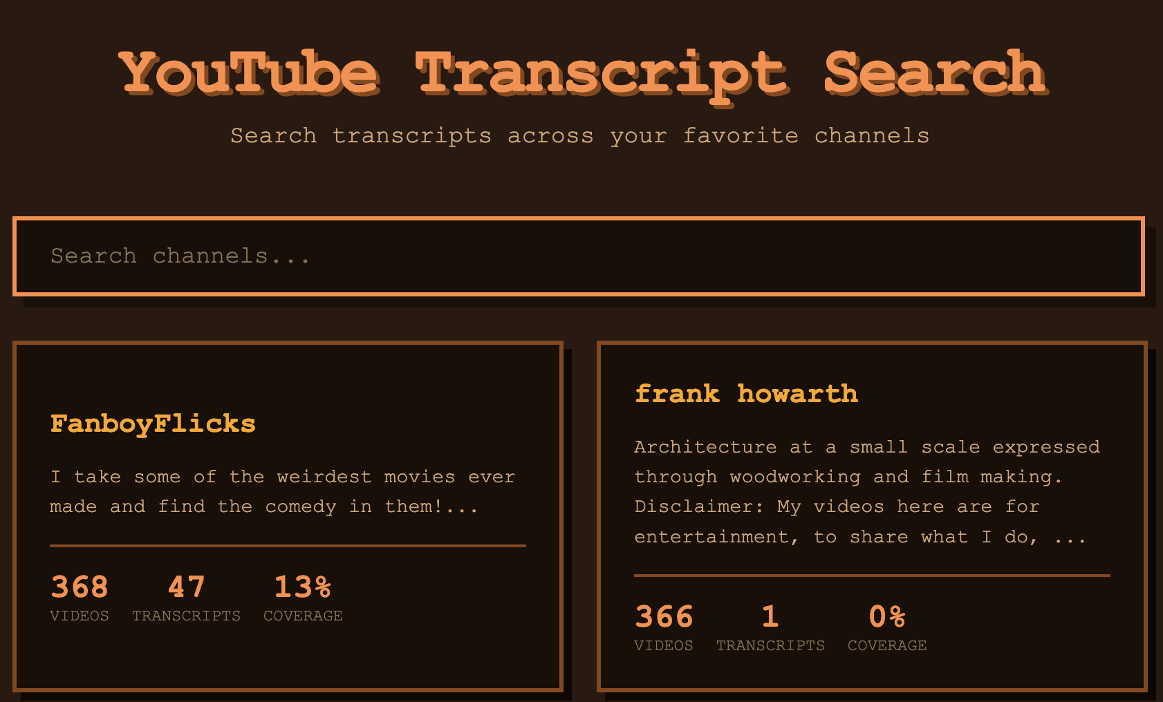 Frontend landing page showing channel search
