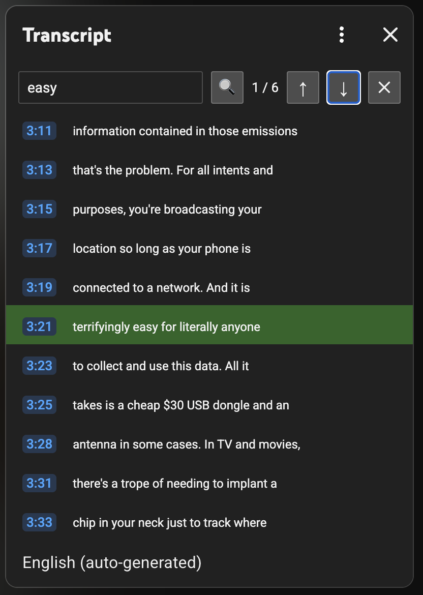 In-page search UI injected into YouTube