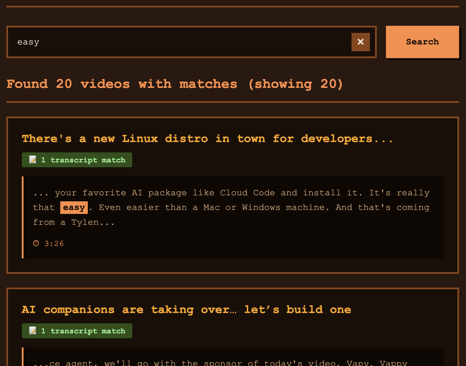 Search results showing matches across videos